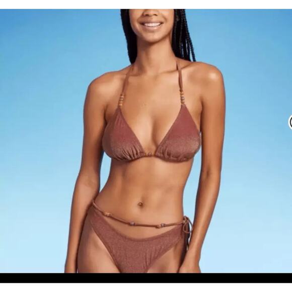 Wild Fable Brown Lurex Sparkly Beaded Bikini Swim Bottom XS - Picture 2 of 2